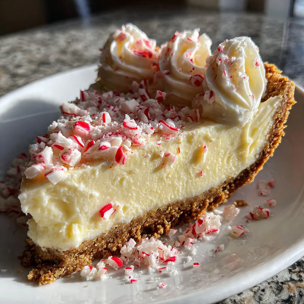 Overhead view of a finished no-bake pie topped with piped whipped cream and white chocolate shavings