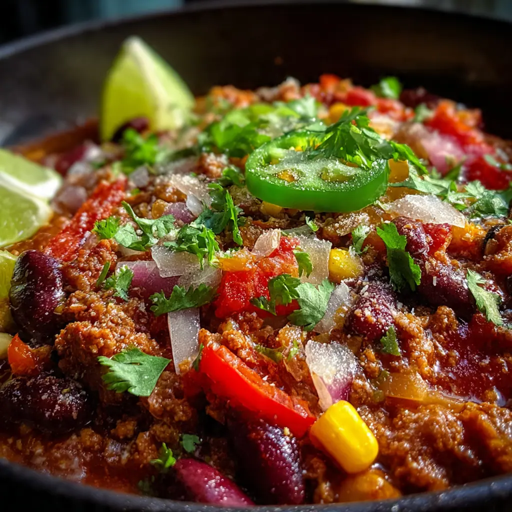 Close-up of a wooden spoon lifting a hearty mix of ground beef, beans, and rich red sauce from a pot