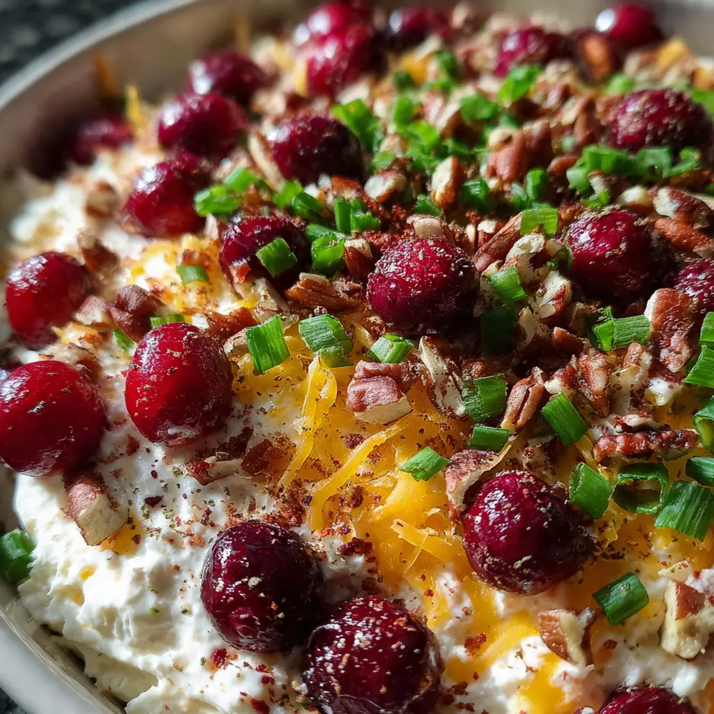 Close-up of the dip showing layers of creamy cheese, tart cranberry sauce, and crunchy pecans