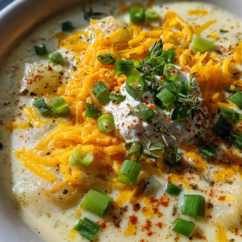 Overhead view of a pot of homemade potato soup on a stovetop with topping ingredients nearby