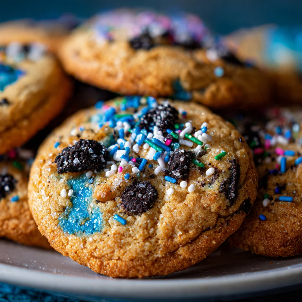 Close-up of a single blue cookie with melty chocolate chips and googly candy eyes