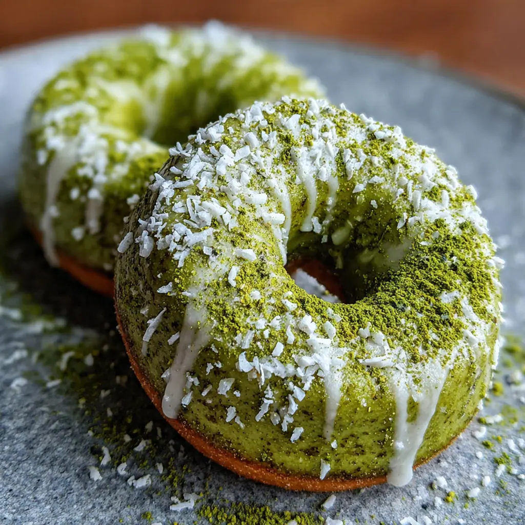 Close-up of a baked matcha donut showing its soft, cake-like crumb and matcha speckles
