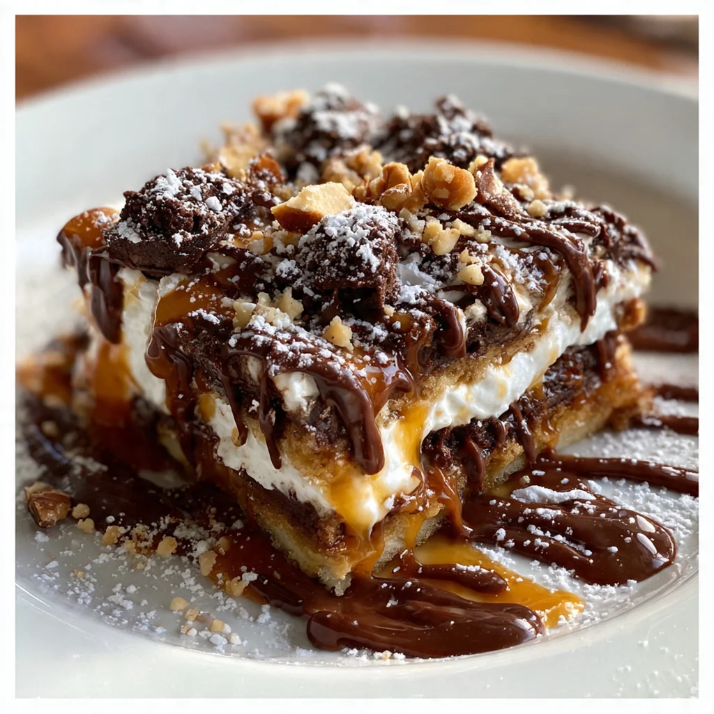 Overhead shot of a square of cookie lasagna with drizzled caramel and a dollop of whipped cream