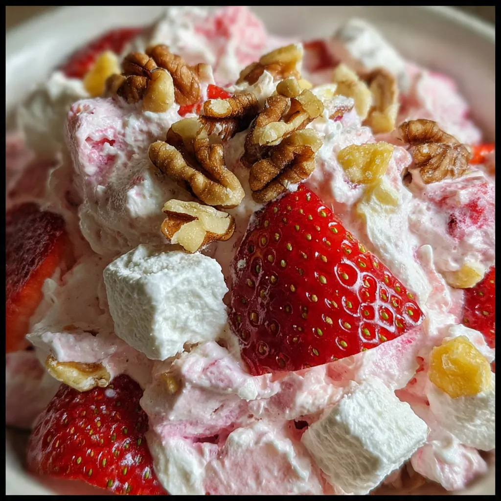 Vintage style serving bowl filled with homemade strawberry fluff salad on a picnic table setting.