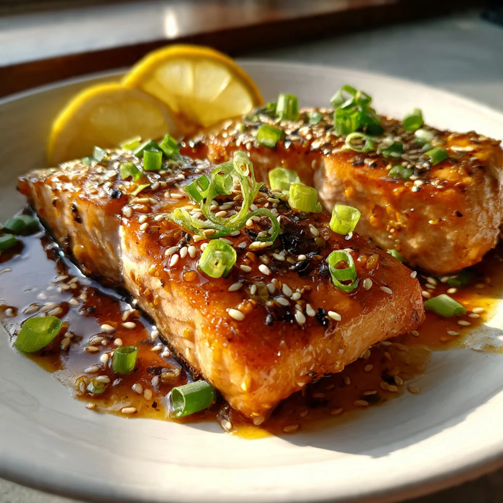 A complete dinner plate featuring honey glazed salmon served over white rice with steamed broccoli on the side.