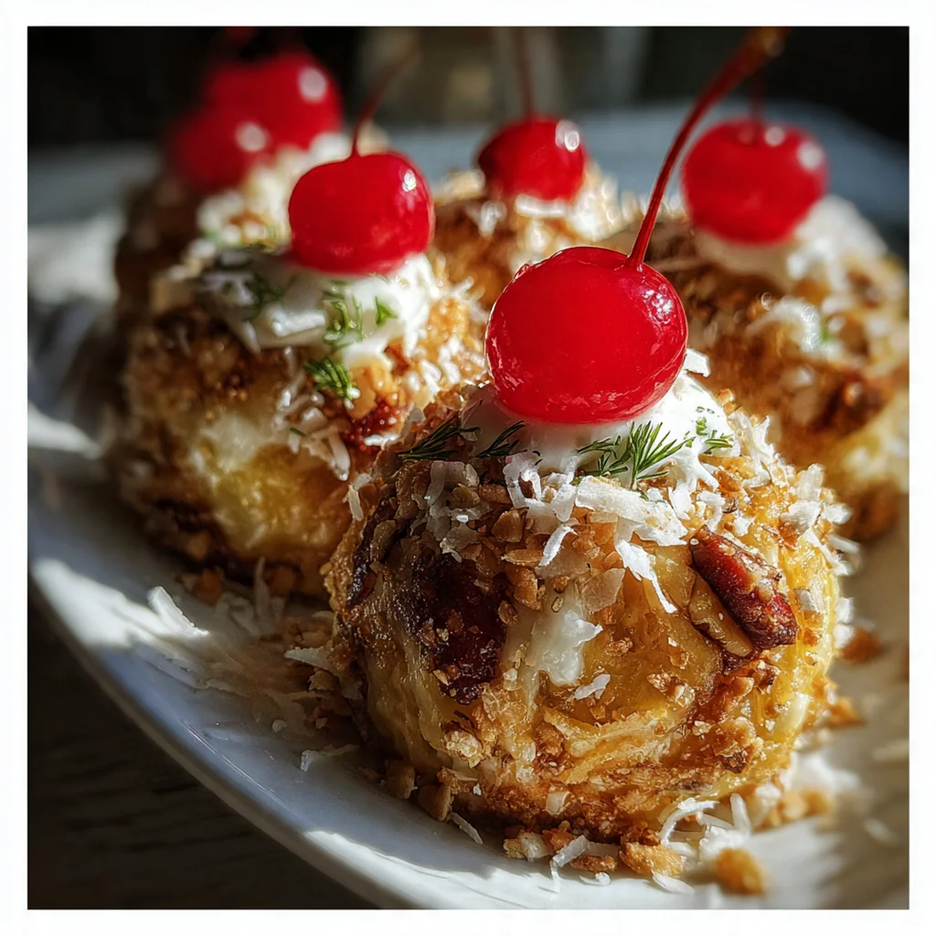 Close-up of a coconut-coated no-bake ball with a maraschino cherry garnish on a rustic wooden table