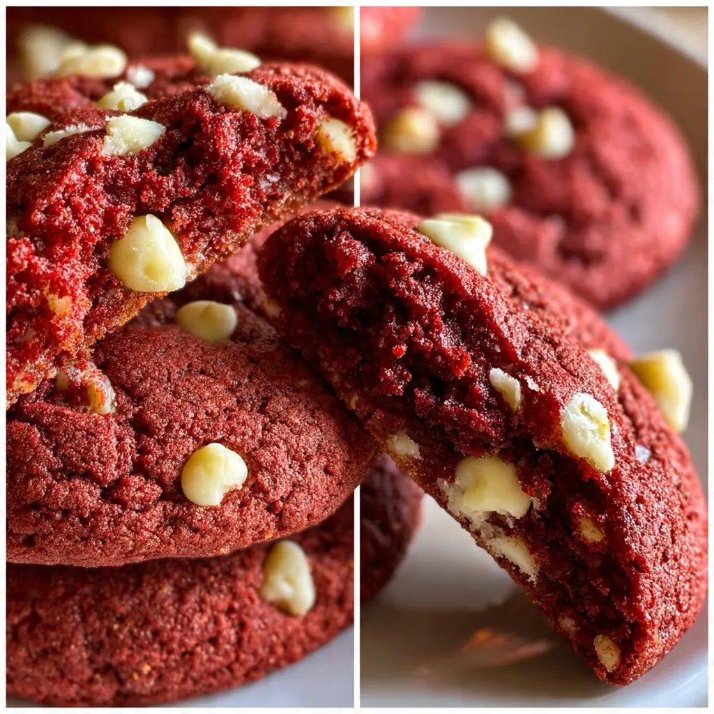 Close-up of a chewy red velvet cookie drizzled with cream cheese frosting