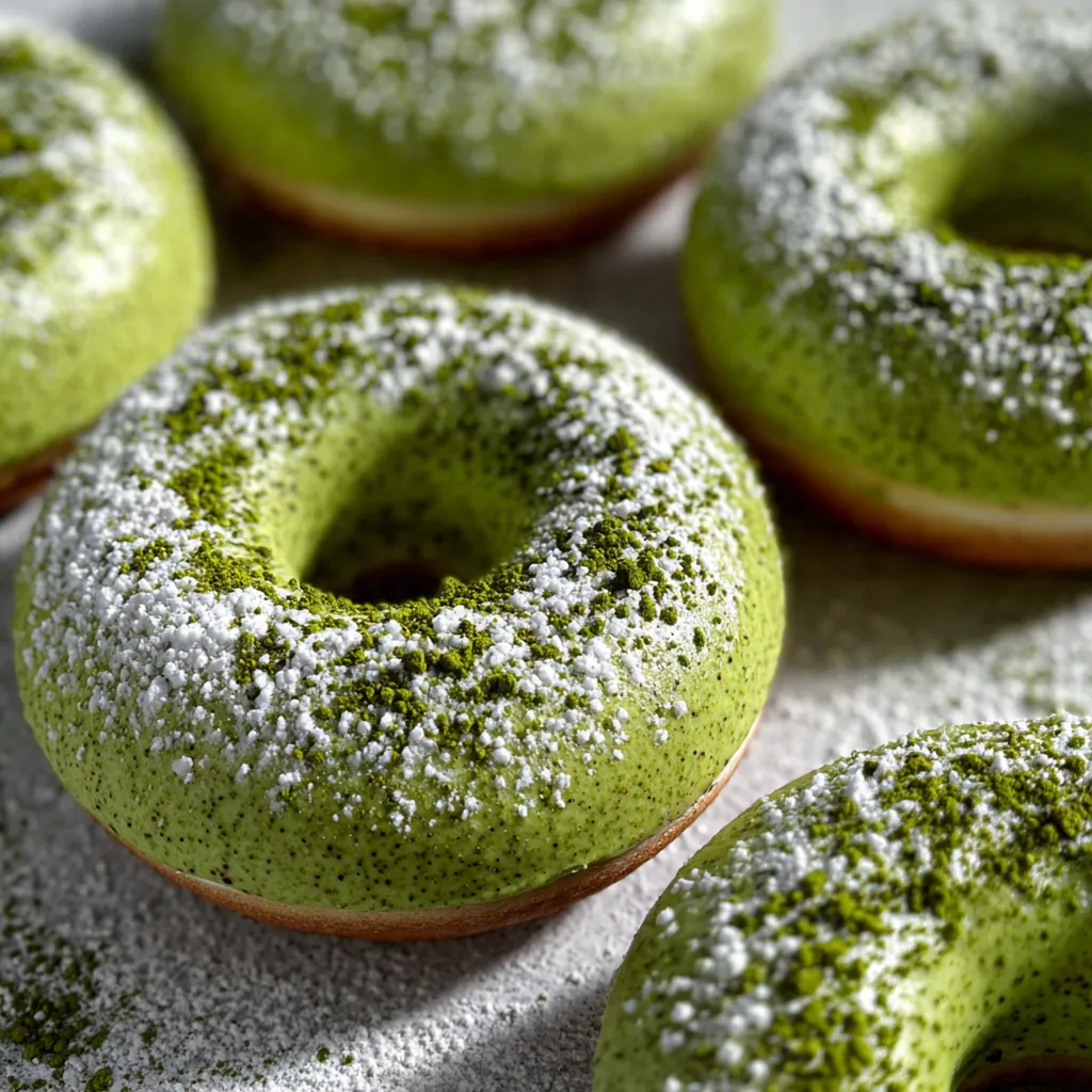 A plate of matcha donuts served with fresh berries and a cup of green tea