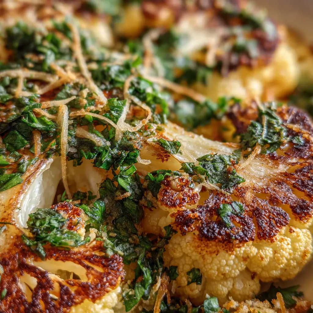 Close-up shot showing the gooey melted cheese and herbed breadcrumb topping on a perfectly roasted cauliflower steak