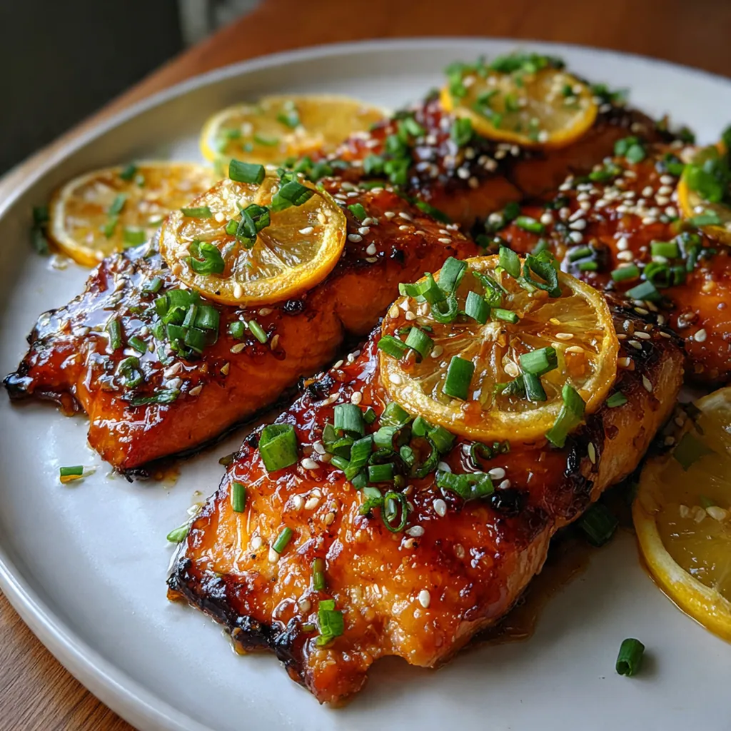 Close-up of honey glazed salmon fillets with a sticky, glossy caramelized coating and sprinkled green onions.