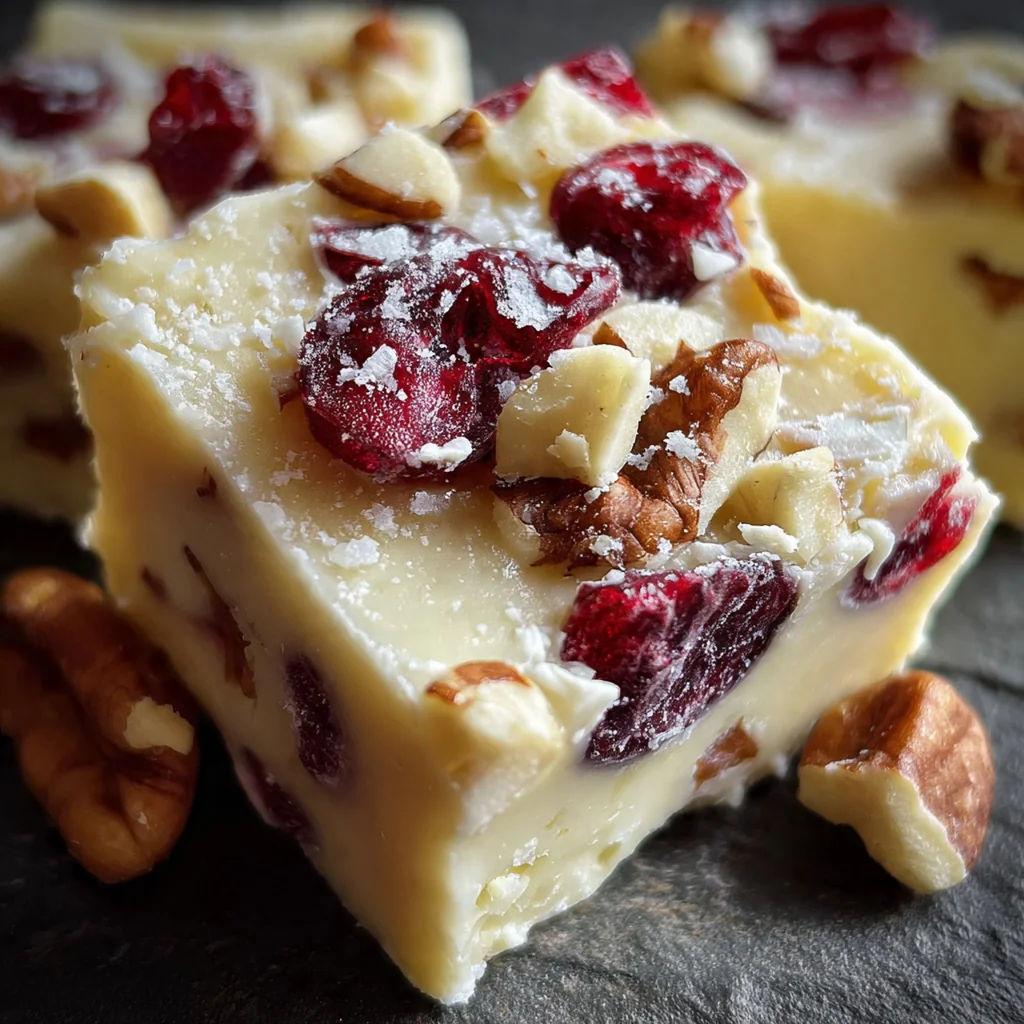Creamy white chocolate fudge studded with ruby red dried cranberries and chopped pecans