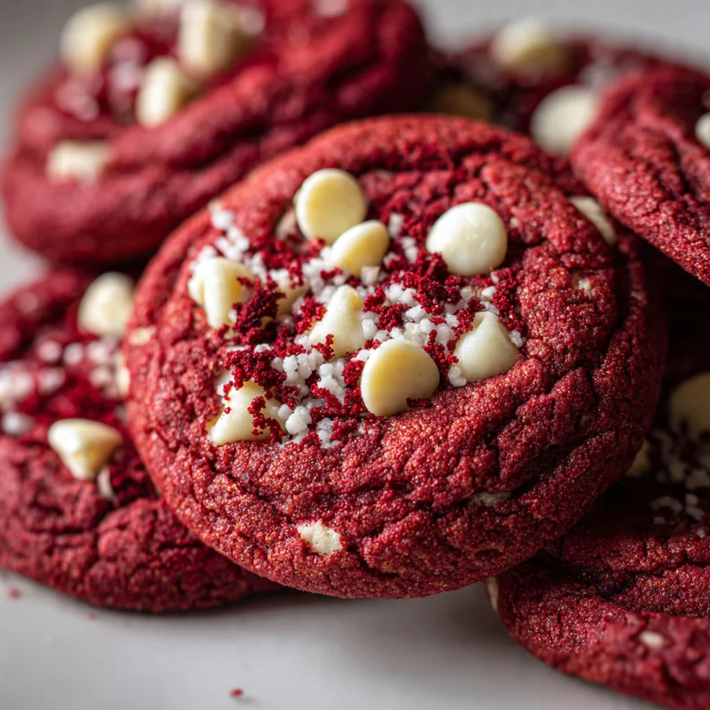 Vibrant red velvet cookies with white chocolate chips on a rustic wooden board