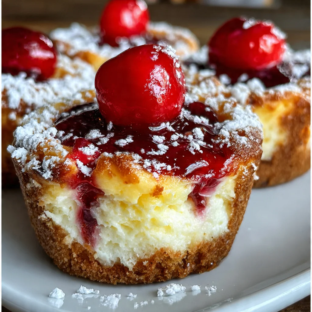 Close-up of a Cherry Cheesecake Cupcake with glossy red cherry topping and a dollop of whipped cream